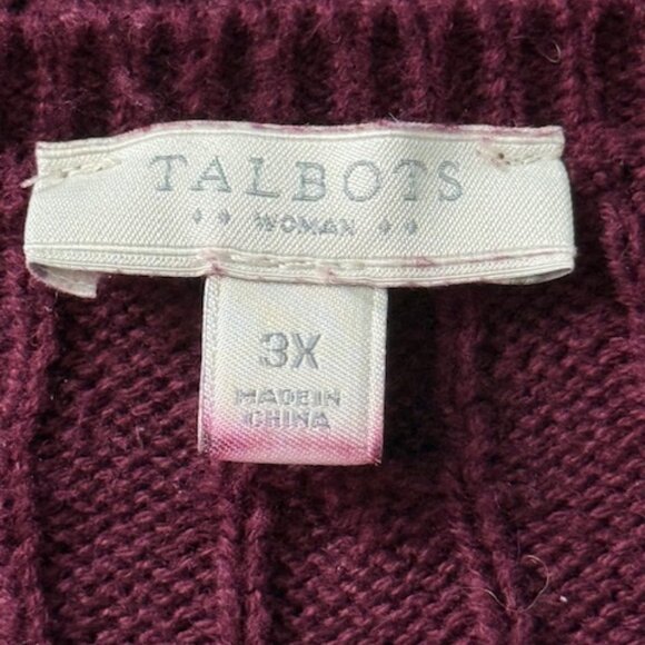 TALBOTS Burgundy Cable Knit Crewneck Sweater Cotton Shoulder Buttons Plus 3X EUC - Picture 10 of 11